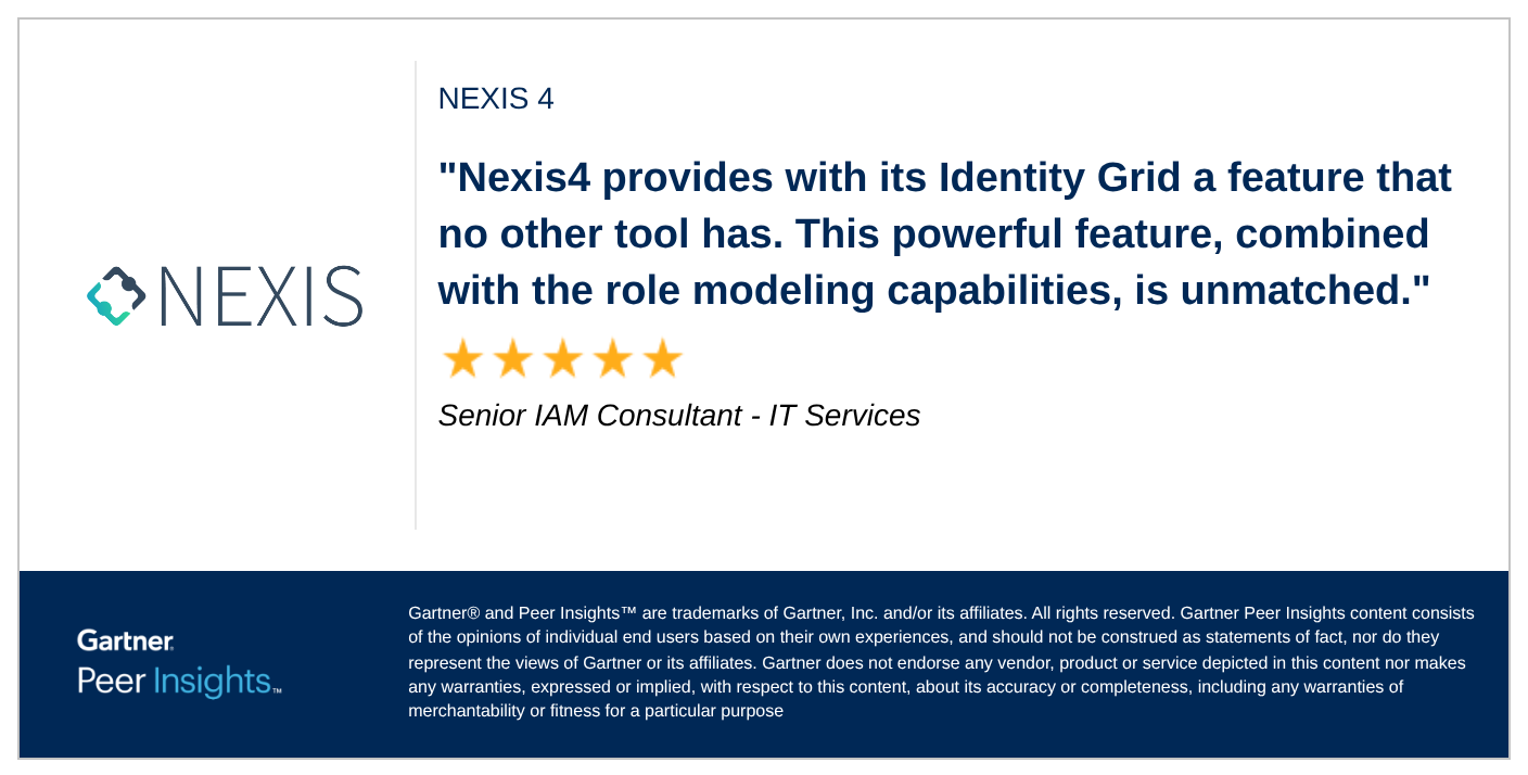 Nexis4 provides with its Identity Grid a feature that no other tool has. This powerful feature, combined with the role modeling capabilities, is unmatched.