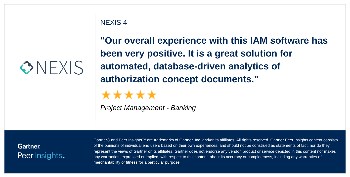 Our overall experience with this IAM software has been very positive. It is a great solution for automated, database-driven analytics of authorization concept documents.